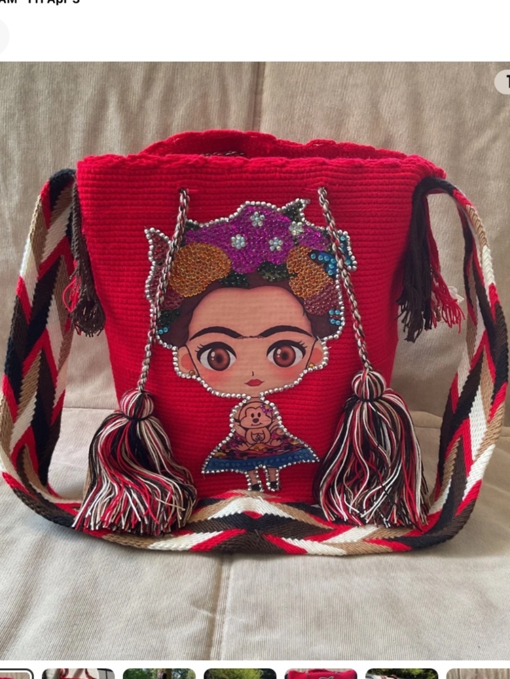 Wayuu Colombian handmade knit mochila crossbody bag, baby Frida Kahlo